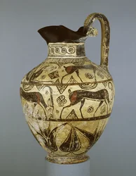 Rhodisk oinochoe i midten af vild gedestil, fra Rhodos, ca. 600 f.Kr. (keramik)